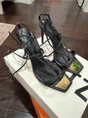 Schutz Vickii Black Strappy High Heel Sandals with Metallic Accent 7.5